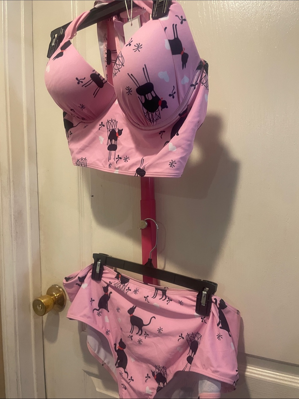 Rosegal Pink Cat-Print Longline Swim Bra & Bikini Set